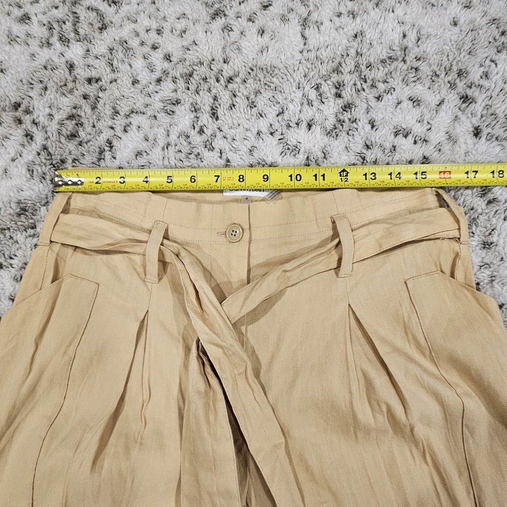 Calvin Klein SZ 4 Tan Belted Paperbag Pleated Linen Blend Pant Utility Pockets - Picture 6 of 12